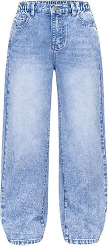 SHENHE Girl's Wide Leg Jeans Casual Elastic Waist Loose Jeans Denim Pants with Pockets in Kuwait