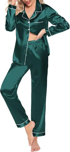 Samring Women's Silk Satin Pajamas Set Long Sleeve Sleepwear Two Piece Button Down Pj Set with Pockets S-XXL in Kuwait