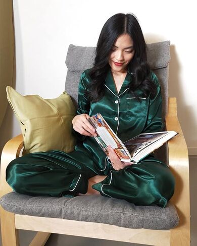 Samring Women's Silk Satin Pajamas Set Long Sleeve Sleepwear Two Piece Button Down Pj Set with Pockets S-XXL in Kuwait