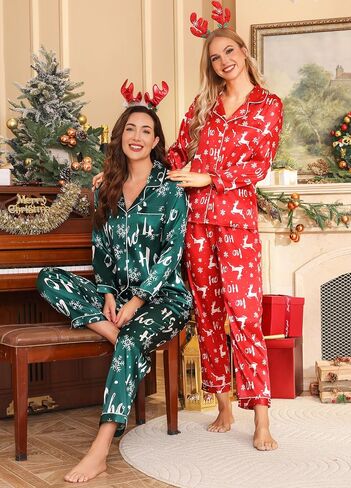 Samring Women's Silk Satin Pajamas Set Long Sleeve Sleepwear Two Piece Button Down Pj Set with Pockets S-XXL in Kuwait