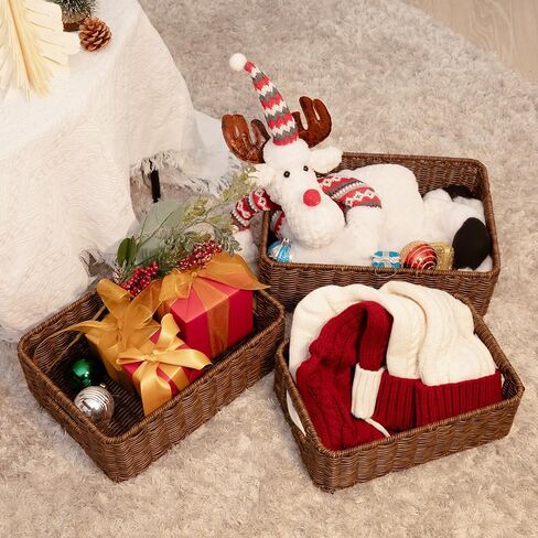 WeeNest Baskets for Storage, Wicker Basket, Rectangular, Set of 3, Toffee | Baskets for Organizing, Pantry Basket, Undershelf Wicker Storage, Storage Baskets for Closet, Baskets for Shelves in Saudi Arabia