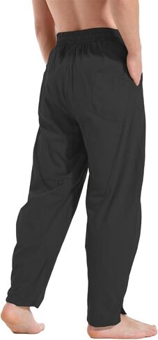 perdontoo Men's Linen Cotton Loose Fit Casual Lightweight Elastic Waist Summer Beach Pants in Kuwait