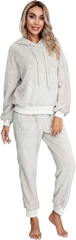 SIAEAMRG Womens Fuzzy Sherpa Fleece Pajamas Set, Long Sleeve Hoodies Pajama Pants 2 Piece Outfits Loungewear Sleepwear in Kuwait