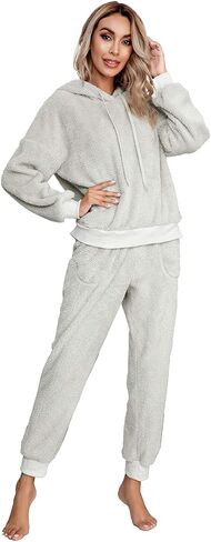 SIAEAMRG Womens Fuzzy Sherpa Fleece Pajamas Set, Long Sleeve Hoodies Pajama Pants 2 Piece Outfits Loungewear Sleepwear in Kuwait