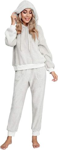 SIAEAMRG Womens Fuzzy Sherpa Fleece Pajamas Set, Long Sleeve Hoodies Pajama Pants 2 Piece Outfits Loungewear Sleepwear in Kuwait