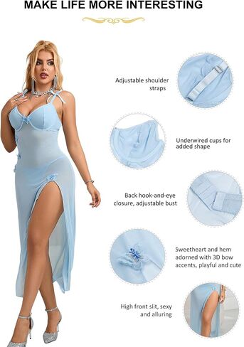 Women's Lingerie Set Sexy Mesh Sleepwear Underwire Babydoll Maxi Dress with Thong Plus Size S-2XL in Saudi Arabia