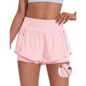 PINSPARK 2 in 1 Athletic Shorts for Women Biker Underneath Running Shorts High Waisted Gym Workout Short with Side Pockets