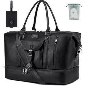 weiatas Leather Travel Duffel Bag for Women Men, Large Weekender Overnight Bag with Shoes Compartment, Waterproof Carry On Bag Travel Tote Bag Gym Bag with Luggage Strap (Brown)
