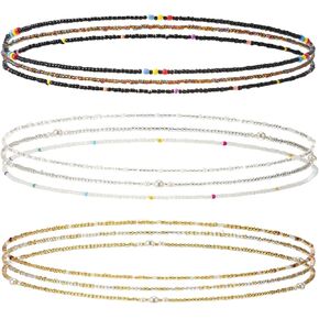 9 Packs Waist Bead Chains for Women Belly Beads Stretchy Waist Beads African Belly Chain Stomach Beads Body Bikini Jewelry (Clear, Black, Gold)