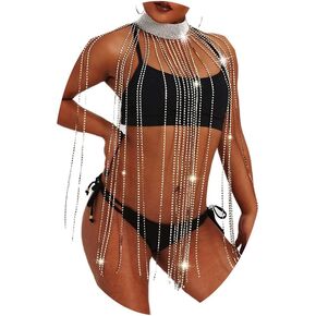 CanB Rhinestone Long Body Chain Sliver Crystal Tassel Choker Chains Necklace Bikini Beach Nightclub Party Harness Body Accessories Jewelry for Women