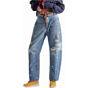 LifeShe Women's Baggy Barrel Jeans Casual Boyfriend Mid Rise Drawstring Wide Leg Denim Pants