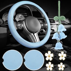 BBTO 4 Set Blue Car Accessories Set - Car Steering Wheel Cover, Ceramic Cup Holder Coasters, Crochet Car Hanging Ornament, Daisy Flower Air Vent Clip Car Air Freshener for Aesthetic Car Decoration