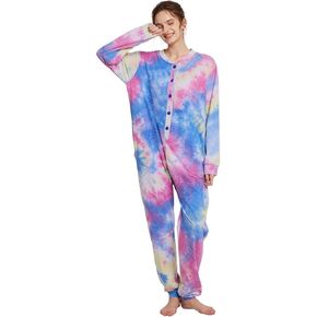 Kgromfy Comfy Onesie Pajamas for Women Tie Dye Sleepwear One Piece with Drop Seat Butt Flap Homewear Jumpsuit