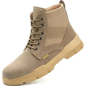 Steel Toe Boots for Men or Women, Slip Resistant Work Boots Steel Toe Shoes Indestructible Tactical Mid Top Safety Shoes for Warehouse Industry Construction - Khaki