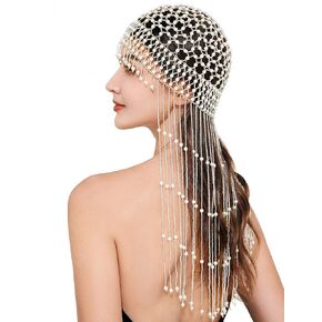 BABEYOND 1920s Pearl Flapper Cap Headpiece Roaring 20s Gatsby Pearl Head Chain (black)