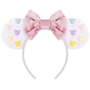 WOVOWOVO Mouse Ears Headbands for Women Pink Bow Mouse Ears Colourful Pearl Velvet Headband Christmas Birthdays Hair Accessories