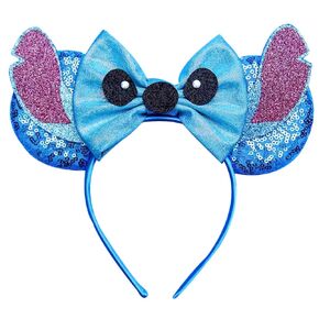 Mouse Ears Headbands for Women Men, Stitch Eyes and Ears Bows Hairbands for Adult, Glitter Blue Stitch Costume Birthday Party Favor Hair Accessory Couple Outfit