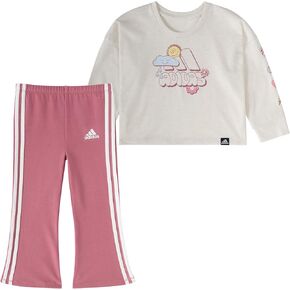 adidas Girls' 2-Piece Long Sleeve Graphic Tee & Flare Pant Set, Oatmeal Heather Pink, 12M