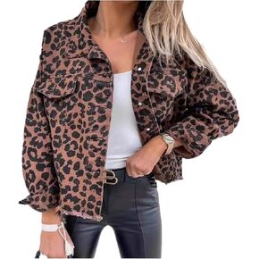 xxxiticat Women's Leopard Print Denim Jacket Long Sleeve Animal Printed Raw Hem Button Down Cropped Jean Coat Outerwear
