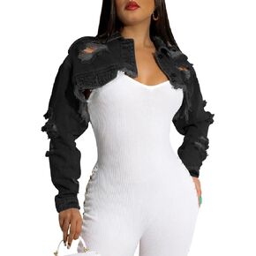 Cropped Denim Jackets for Women Long Sleeve Ripped Destroyed Wash Crop Top Jean Jackets