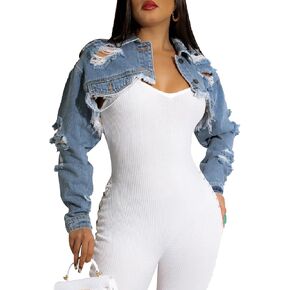 Cropped Denim Jackets for Women Long Sleeve Ripped Destroyed Wash Crop Top Jean Jackets in Kuwait