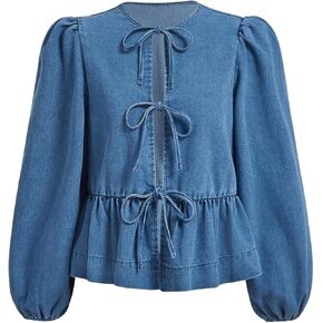 MakeMeChic Women's Denim Jacket Bow Tie Front Lantern Sleeve Blouse Top Crew Neck Ruffle Hem Jean Shirt