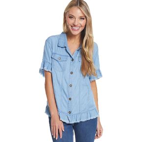 MULTIPLES Women's Short Sleeve 2-Pocket Ruffle Hem Jean Jacket