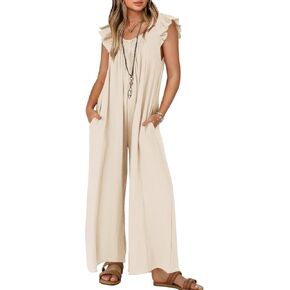 ZESICA Women's Summer Loose Jumpsuit Casual V Neck Sleeveless Oversized Wide Leg Pant Overalls Romper with Pockets