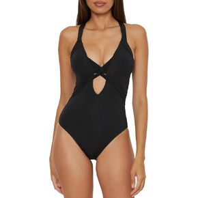 BECCA Women's Color Code Twist Cut-Out One Piece Swimsuit, Plunge Neck, Adjustable, Tie Back, Bathing Suits