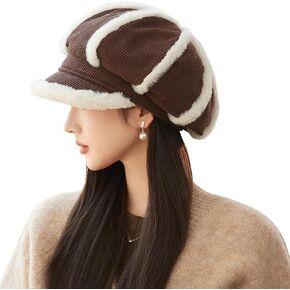 Corduroy Winter Newsboy Caps Paperboy Cabbie Hats Beret with Brim Visor Women