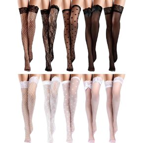 10 Pairs Silk Thigh High Stocking for Women Lace Top Sheer over Knee Stocking with bow for Christmas Valentine