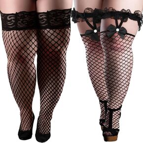 2 Pcs Plus Size Thigh High Stockings Fishnet Stocking, Black Stay up Lingerie Bow/Lace Top Pantyhose Lace Stockings for Curvy Women Plus Size Valentine's Day Dress