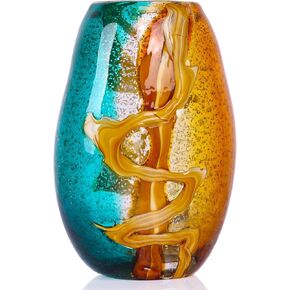 9" Tall Handcrafted Glass Vase with Amber and Turquoise Colors - Artistic Decorative Flower Vase for Home Decor, Modern Art Piece for Living Room, Dining Table, Kitchen, Office, Desk, Bedroom Decor