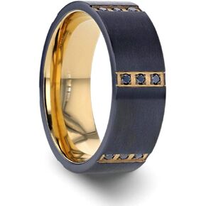 Muramasa | Titanium Ring | Comfort Fit | Flat Brushed Black Titanium Wedding Band Gold Plated Inside with Six Sets of Triple Black Diamonds - 8 mm Wide