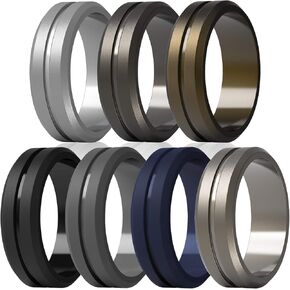 ThunderFit Silicone Wedding Rings for Men, Brushed Top Middle Engraved Line Rubber Engagement Bands 8.2mm Wide 2.5mm Thick - 1/4/6/7 Variety Multipack
