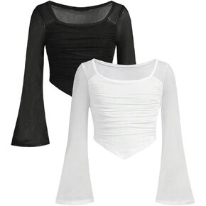 SOLY HUX Girl's 2 Piece Long Sleeve Crop Tops Y2K T Shirts Mesh Ruched Square Neck Tees Cute Clothes