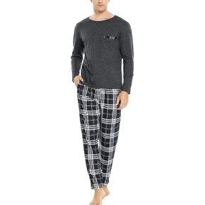 Sykooria Men's Pajamas Set Long Sleeve Cotton Plaid Loungewear Comfy Striped Sleepwear with Pockets 2 Piece Comfy Pjs Set