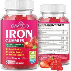 Vegan Iron Gummies for Adults & Kids - with Vitamin C, A, B-Complex, Folate, Zinc, and Biotin - for Blood Building & Energy Support, 60 Gummies