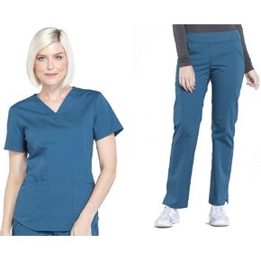 Women Scrubs Set Workwear Professionals WW665 V-Neck Top & WW170P Mid Rise Straight Leg Pull-on Cargo Pant, Caribbean Blue- M Top/M Petite Pant