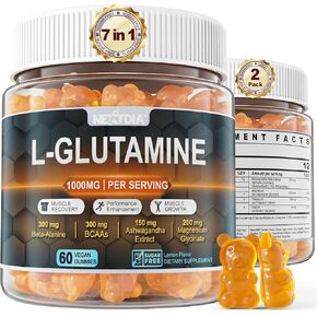 L-Glutamine 1000mg Gummies, 2054mg Pre and Post Workout Gummies,With Beta-Alanine,BCAAs,Magnesium Glycinate,Potassium,Ashwagandha,Promotes Muscle Recovery & Growth,Endurance,Immune,Sugar Free, 120 Ct