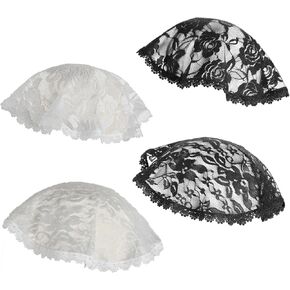 4 Pcs Lace Embroidery Head Coverings for Women Lace Chapel Cap Veils for Church Round Lace Mantilla Floral Rose Catholic Veil (Black, White)