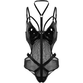 المرأة Wetlook جلدية قطعة واحدة الملابس الداخلية الدانتيل تيدي مشد ارتداءها Clubwear