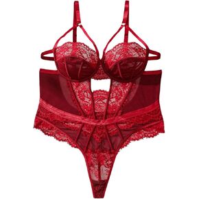 OYOANGLE Women's Plus Size Contrast Lace Cut Out Teddy Bodysuits V Neck Backless Babaydoll Lingerie