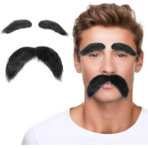 Fake Mustache and Eyebrows Set, Black Self Adhesive Fake Beard for Adults, Novelty Stick on Mustaches