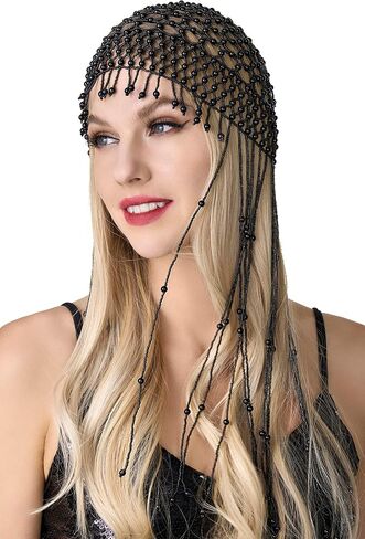 غطاء رأس BABEYOND 1920s Pearl Flapper غطاء رأس زئير 20s Gatsby Pearl Head Chain (أسود) in Saudi Arabia