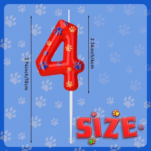 Number 4 Dog Paw Birthday Candles Dog Patrol Toppers Candles Blue Yellow and Red Dog Paw Numeral Birthday Cake Topper for 4 Year Old Boy Girl Paw Birthday Decoration Dog Patrol Party Supplies in Kuwait