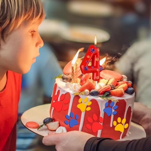 Number 4 Dog Paw Birthday Candles Dog Patrol Toppers Candles Blue Yellow and Red Dog Paw Numeral Birthday Cake Topper for 4 Year Old Boy Girl Paw Birthday Decoration Dog Patrol Party Supplies in Kuwait