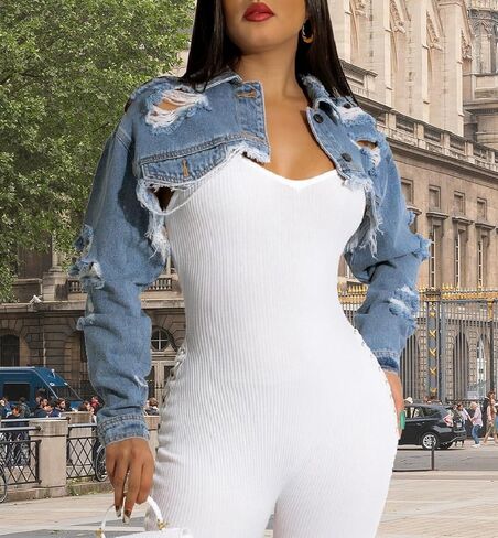 Cropped Denim Jackets for Women Long Sleeve Ripped Destroyed Wash Crop Top Jean Jackets in Saudi Arabia