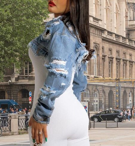 Cropped Denim Jackets for Women Long Sleeve Ripped Destroyed Wash Crop Top Jean Jackets in Kuwait