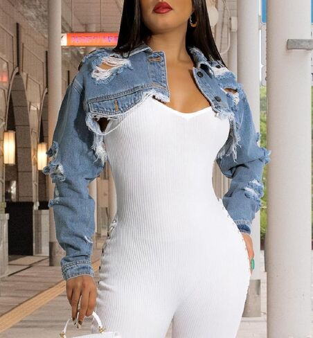 Cropped Denim Jackets for Women Long Sleeve Ripped Destroyed Wash Crop Top Jean Jackets in Kuwait